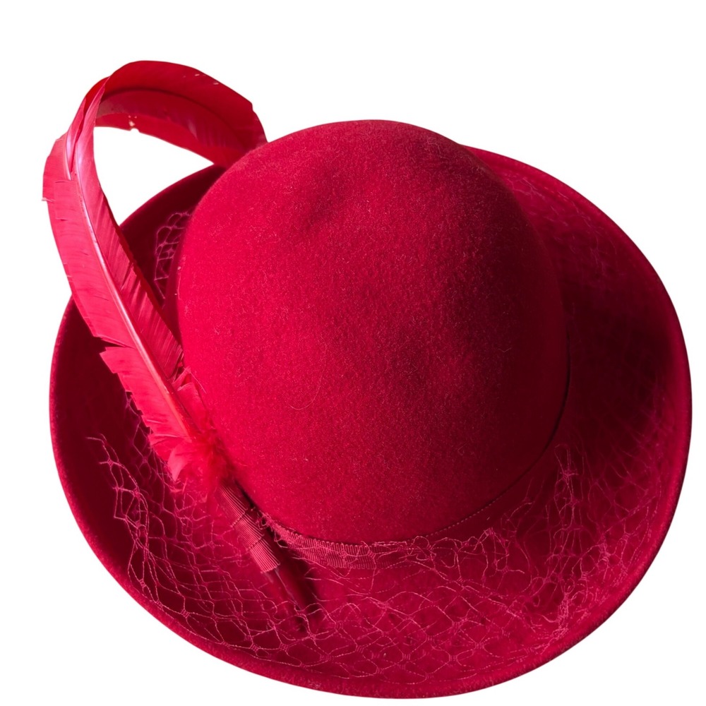 VTG Geo W Bollman Red Wool Doeskin Felt Pillbox Hat Feather Netting USA Retro